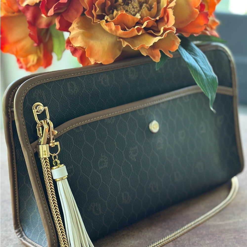 Christian Dior Honeycomb Logo Clutch Bag Purse Tote Brown Leather - Picture 3 of 10